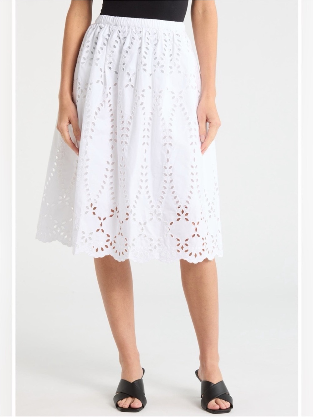 Frank & Eileen “Grace” White Cotton Eyelet Midi Skirt with Scalloped Hem - M